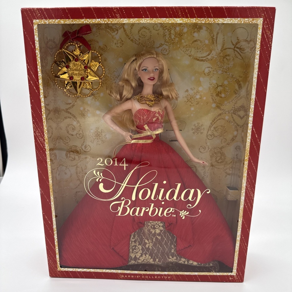 2014 Holiday Barbie Doll in Red Gown with Blond Hair & Gold Ornament Model NRFB